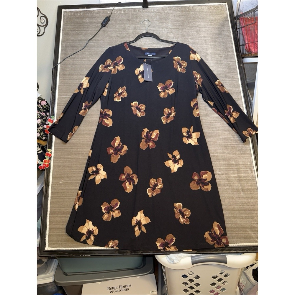 Tommy Hilfiger Black Floral brown Long Sleeve Sheath Dress  Size 14p stretchy